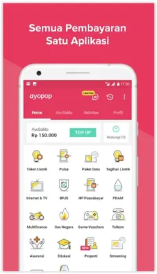 Ayopop isi Pulsa, Kuota, PLN & Multifinance, dll android App screenshot 0